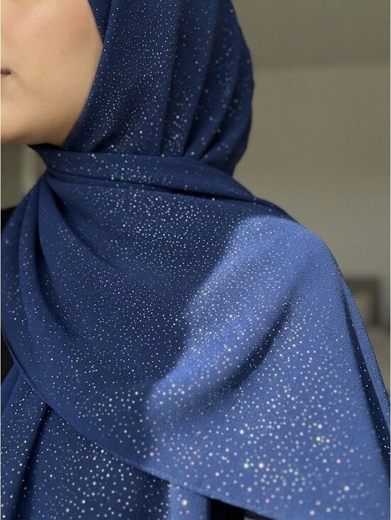 Accessories - Navy Blue Shimmer Hijab Scarf Holographic Starry Metallic Wrap Formal Shawl